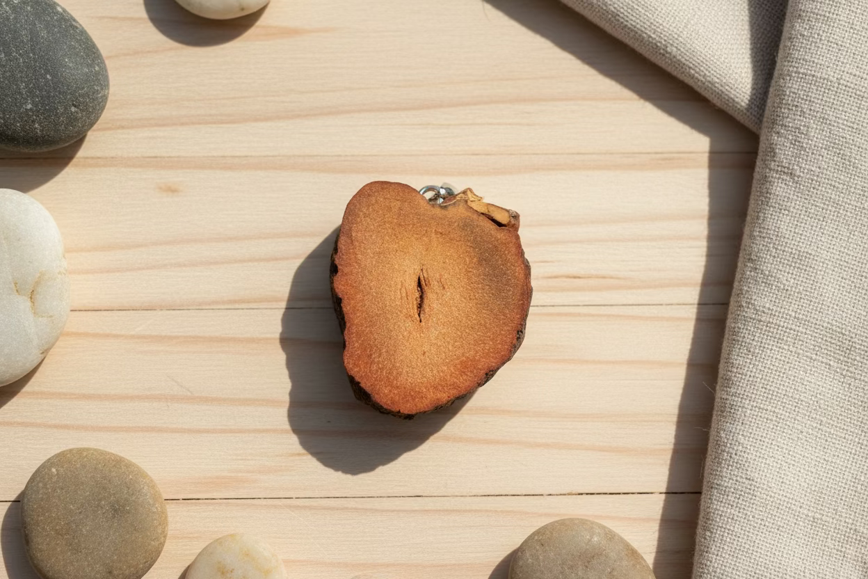 Handgefertigter Holzanhänger aus Avocado Kern Detailansicht