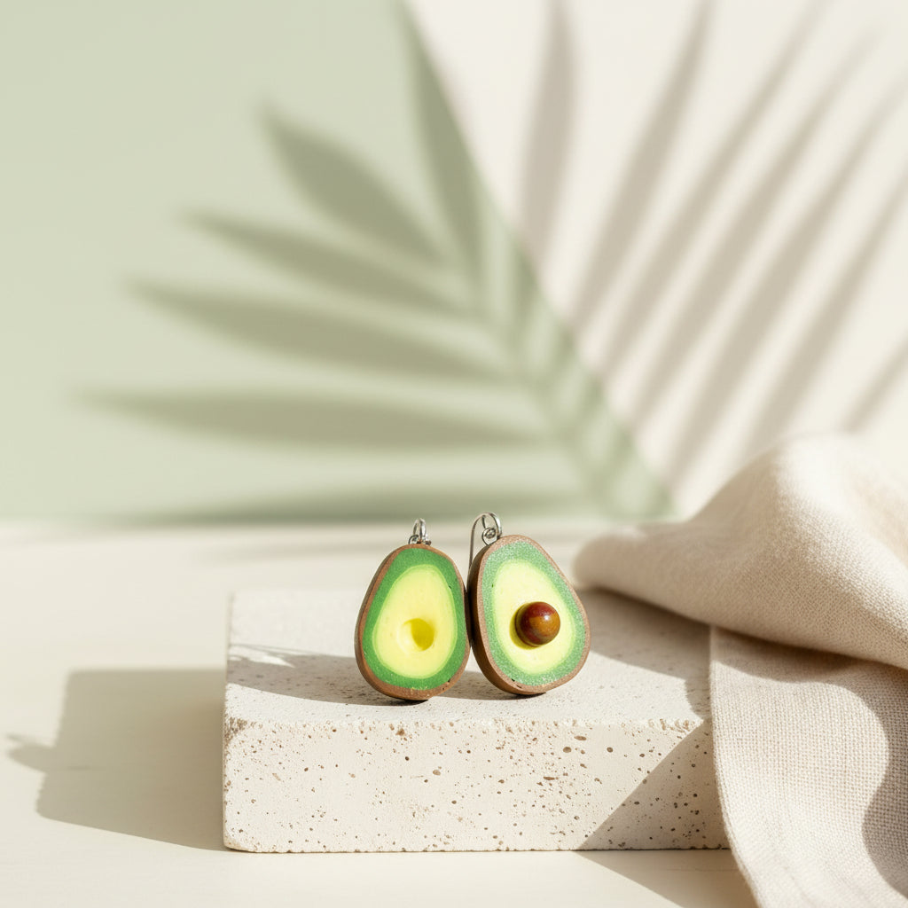 Handgefertigte grüne Avocado Ohrringe aus Polymer Clay vor floralem Hintergrund