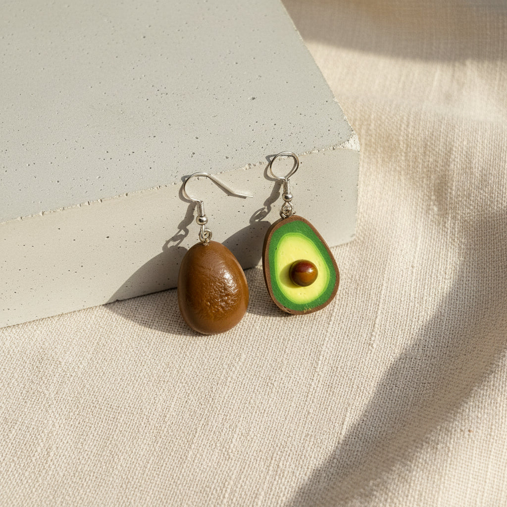 Grüne Avocado Ohrringe Polymer Clay auf Betonuntergrund mit brauner Rückseite