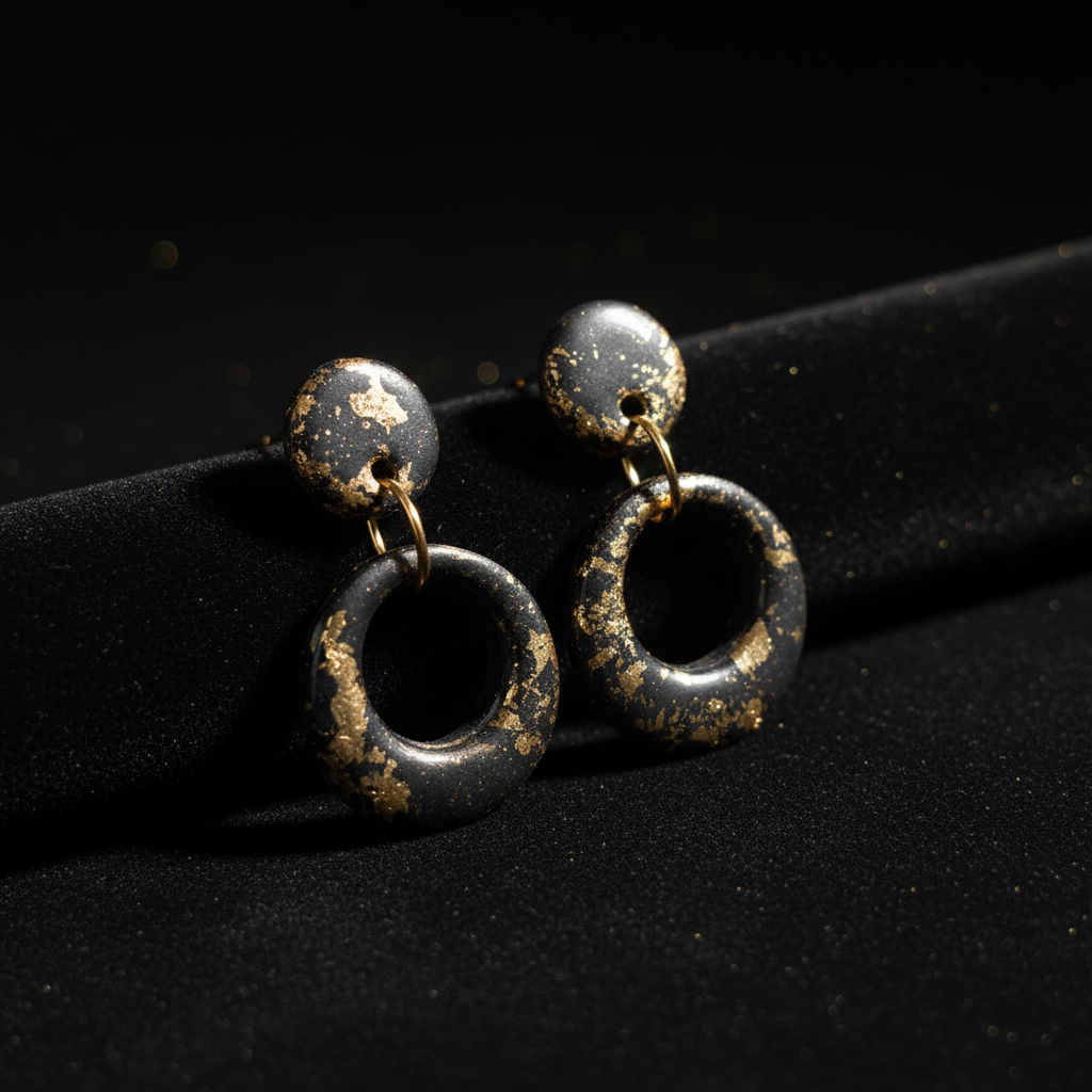 Edles Produktfoto – Black & Gold Stud-Hoop Ohrringe