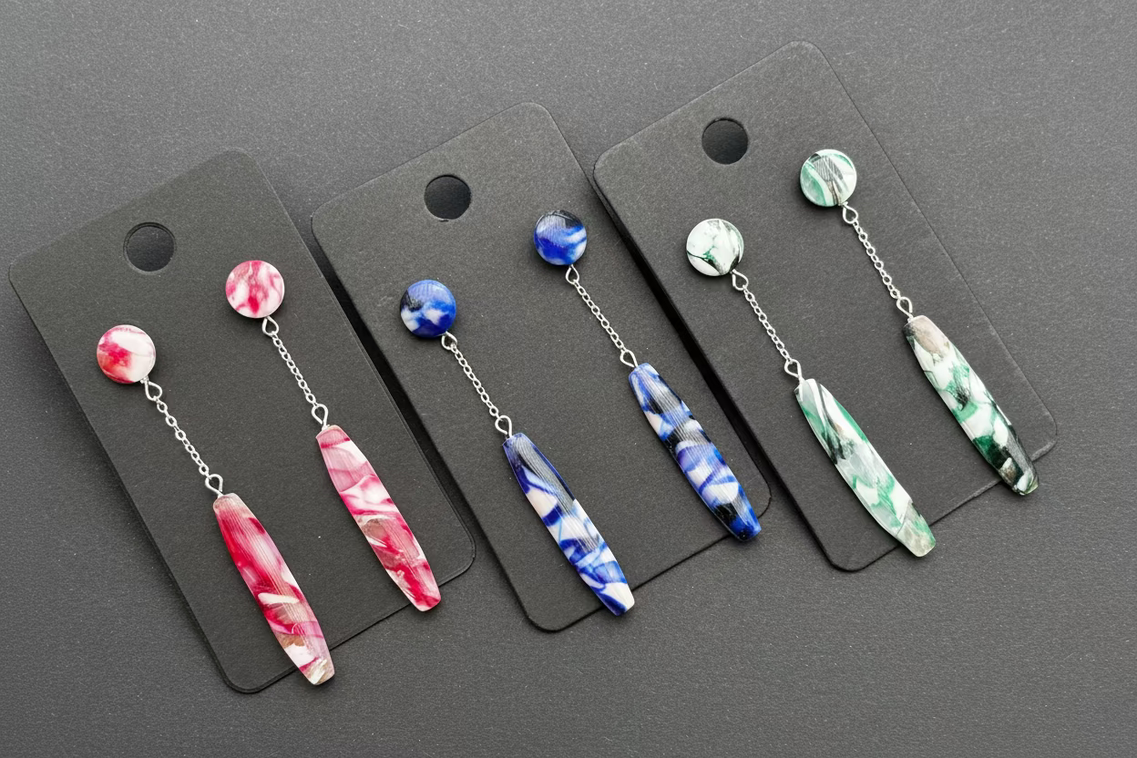 Polymerclay Ohrstecker mit Kettchen handgemacht – Seitenansicht