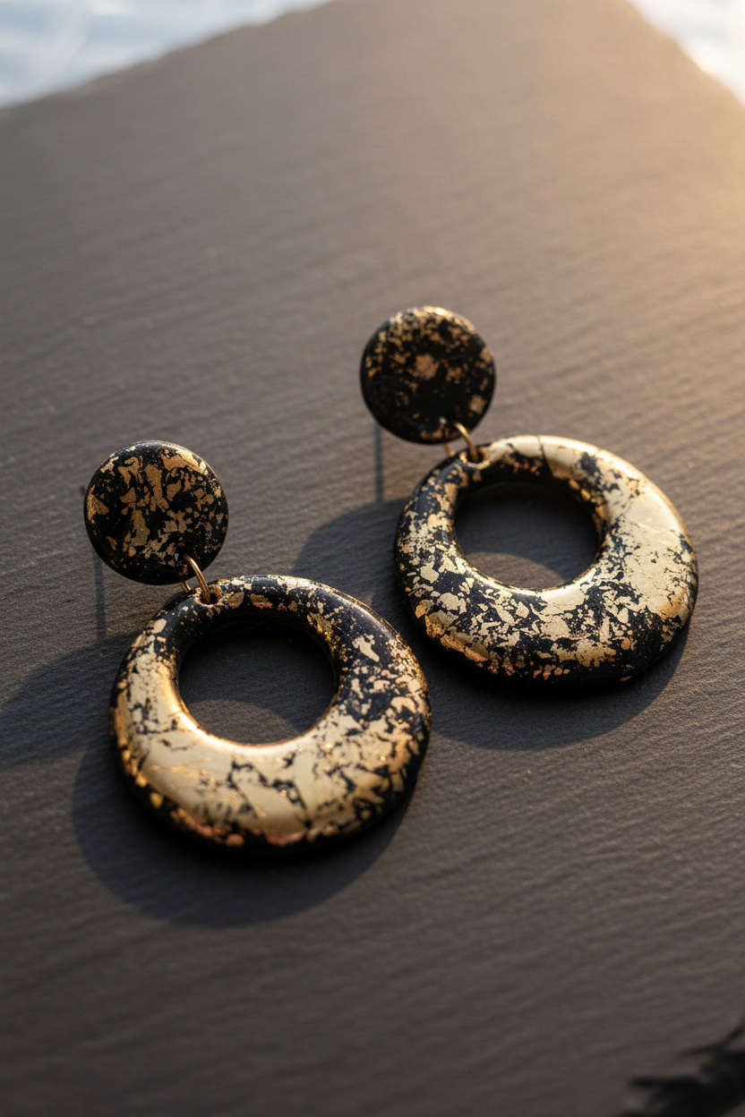 Ohrringe Black & Gold Oval Hoop – Polymer Clay